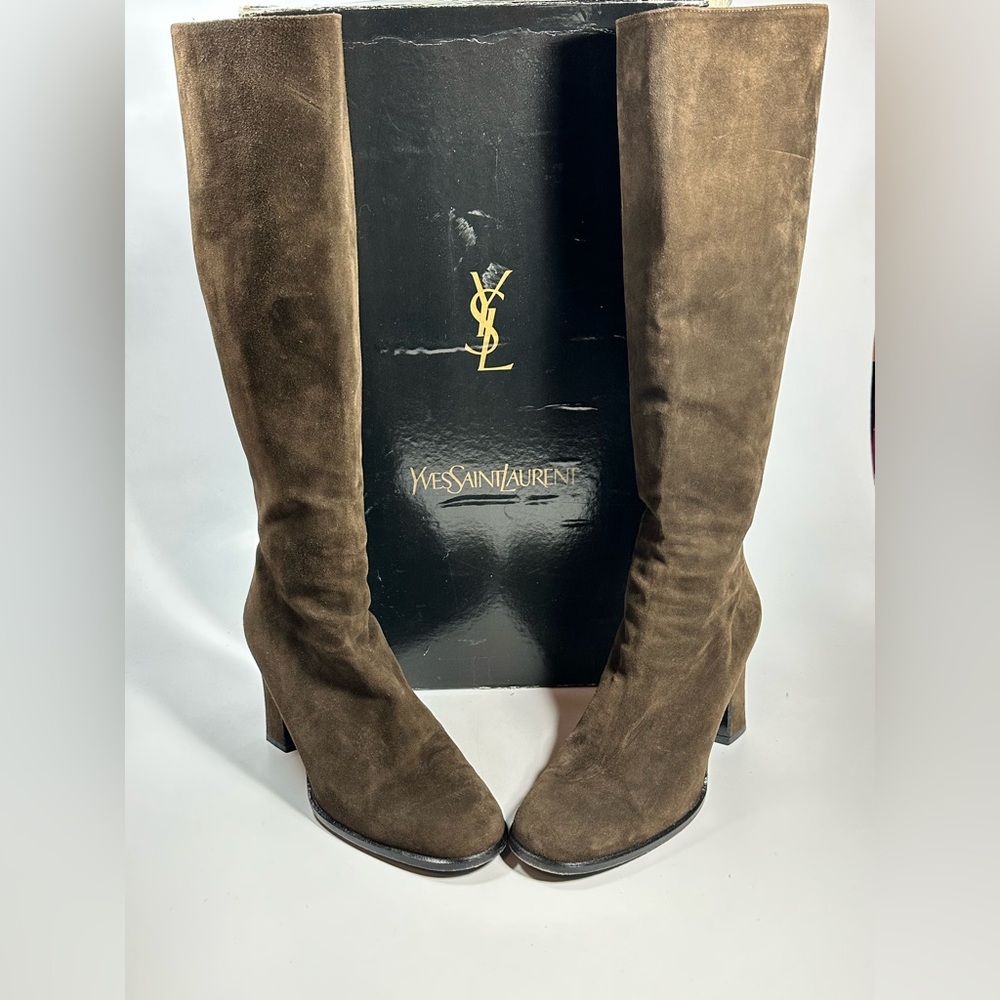 Yves Saint Laurent Dark Brown Suede Heeled Boots 9.5M ~ 19” Tall